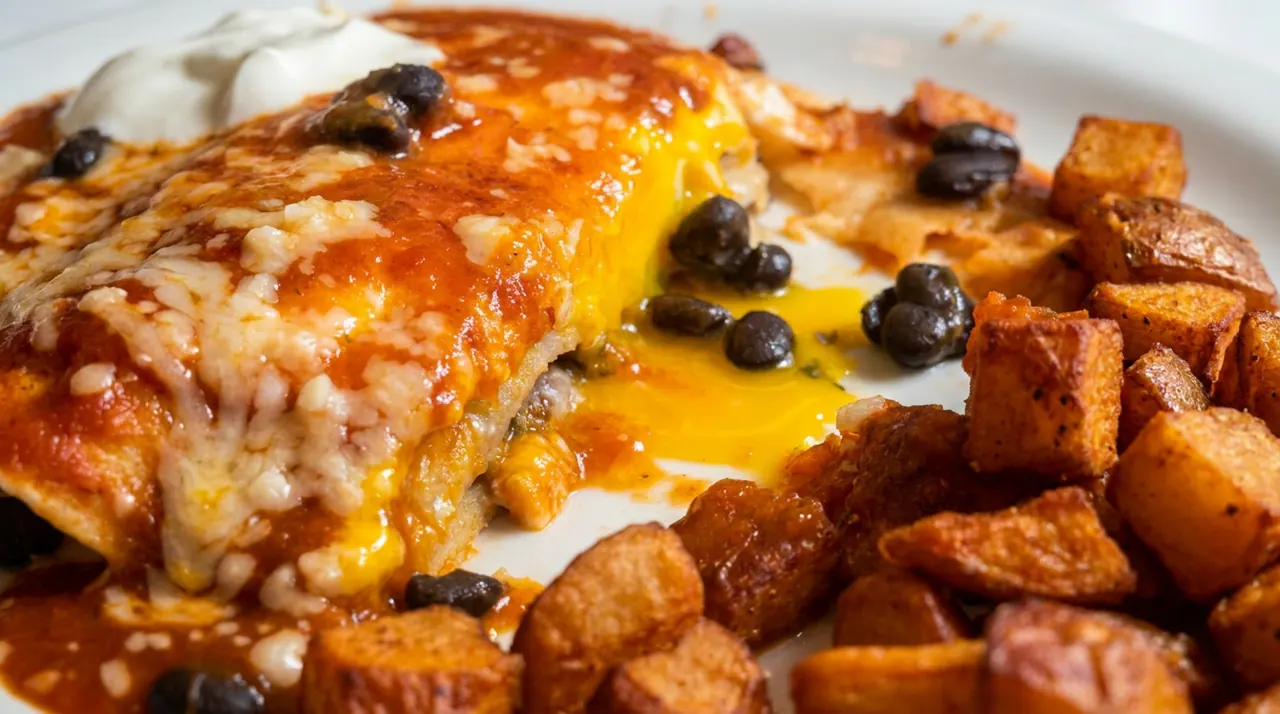 Huevos rancheros with red sauce, eggs and golden breakfast potatoes